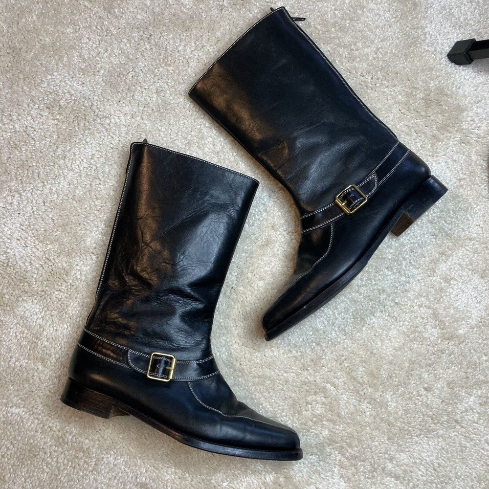 Manolo Blahnik Womens 38.5 Size 8 Black Leather Riding Boots Zip Buckle Low Heel